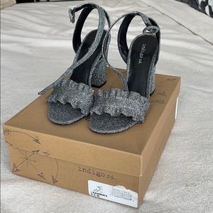 Silver Black Ruffle Strappy Block Heels 5.5